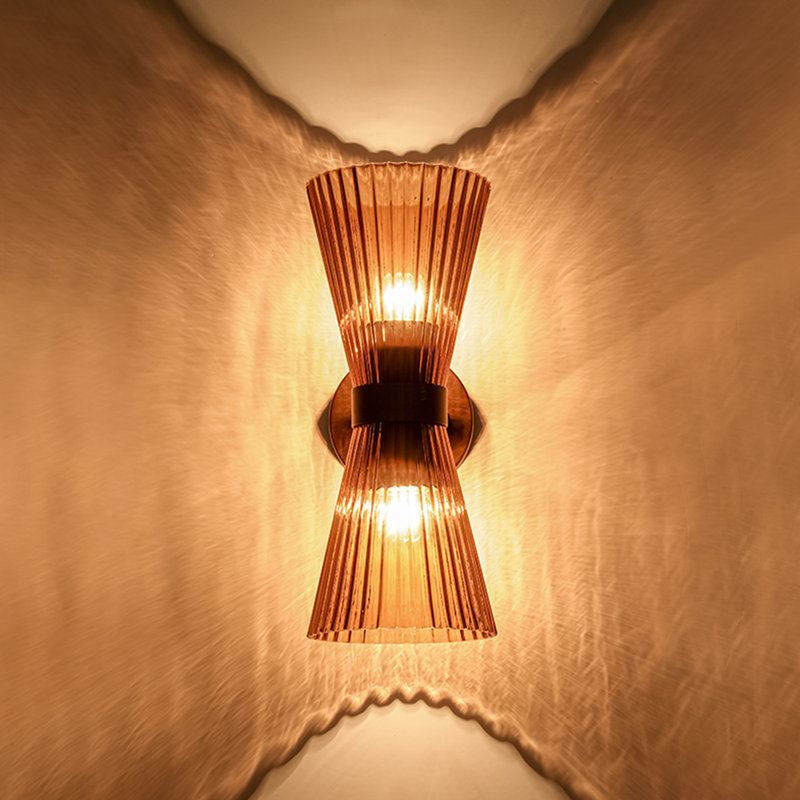 Applique murale moderne à 2 lumières avec abat-jour en verre plissé Modern, Bronze frotté à l'huile, Brun