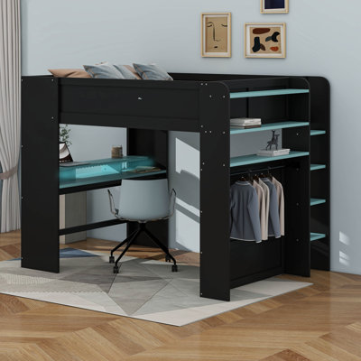 Full Size Wood Bunk Bed With Height-Adjustable Desk,Wardrobe And RGB Light