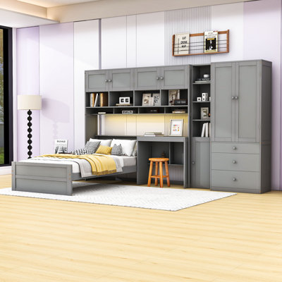 3 Drawers Twin Platform Bed with Desk, LED Light, Wardrobe, Cabinets and Shelves