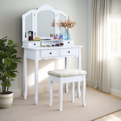 Vanity Make Up In White Wood - Spacious Workspace And Stylish Appeal Table Stool Featuring A Mirrored Drawer For Your Cosmetics