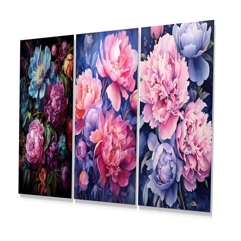 Radiant Garden Of Peony Treasures - Peonies Metal Wall Art Living Room Set Of 3, 32" H x 48" W