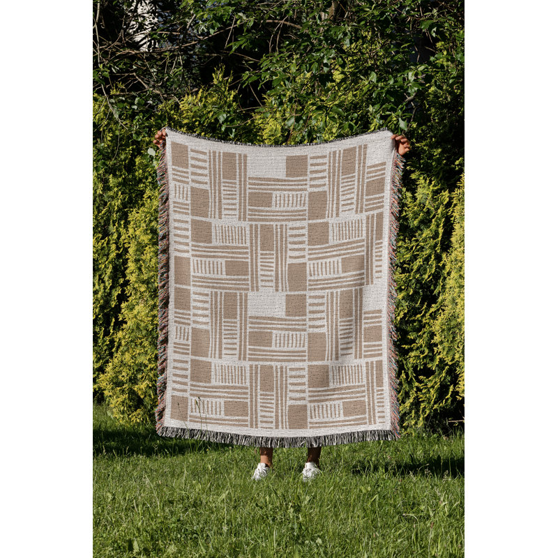 Anala Abstract  Cotton Throw Blanket, Beige, 60x80