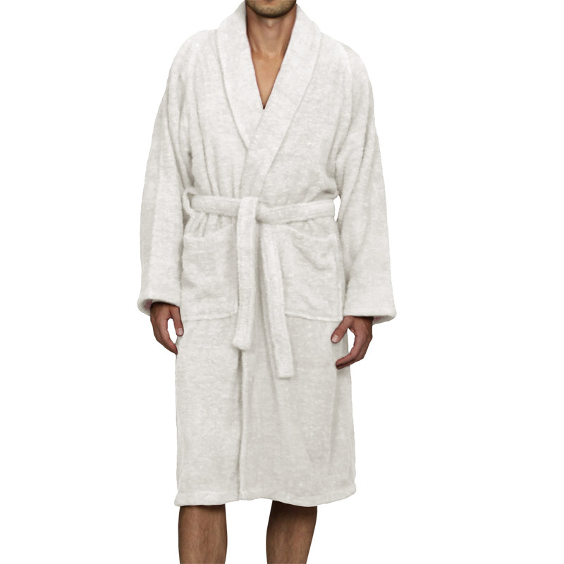 Cotton Terry Cloth Mid-Calf Bathrobe with Pockets, White, L