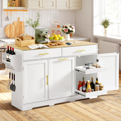 59.9" Kitchen Island With Drop Leaf And Power Outlet, Mobile Kitchen Rolling Bar Cart With Trash Can Cabinet And Drawers, Modern Island Table For Kitchen With Spice Rack And Towel Rack, White