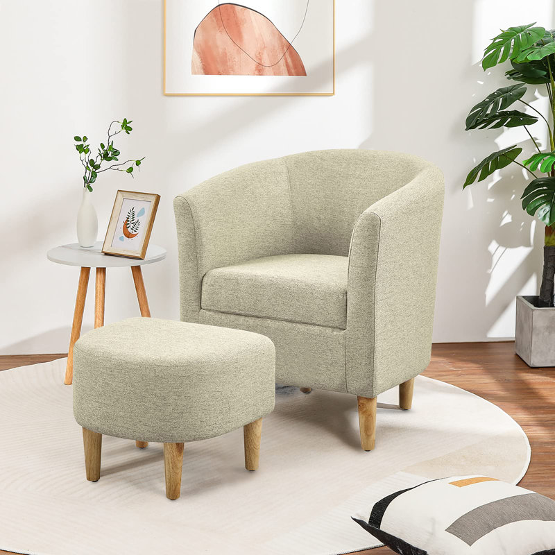 Fauteuil demi-tonneau rembourré de 27 po de large avec repose-pieds, Mélange de lin beige