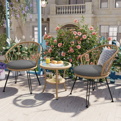 Ensemble de loisirs d'extérieur, 2 chaises simples en rotin avec table ronde en verre