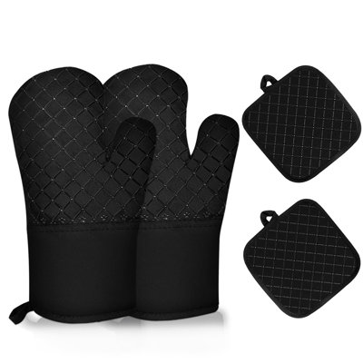 Ensemble 4 pièces de gants de cuisine et grilles de four, gants de cuisine et grilles de cuisson prolongées, surface antidérapante en silicone résistante à la chaleur à 500 ° F (noir)