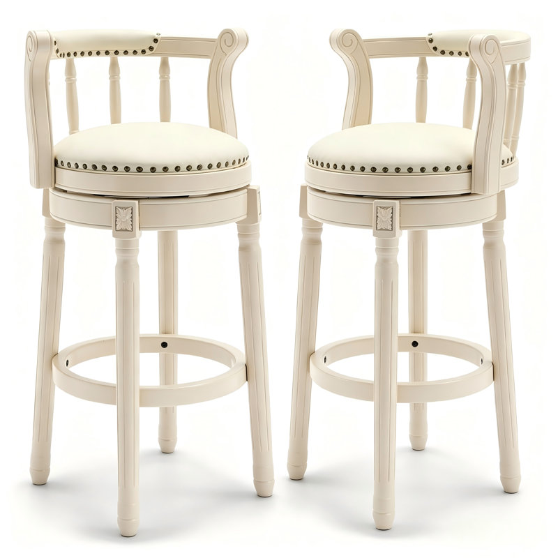 Tabouret de bar en bois massif, ensemble de 2 chaises de comptoir pivotantes en cuir ivoire avec repose-pieds pour salle à manger