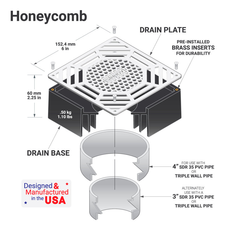 6 In. Premium Stainless Steel Heavy Duty Square Paver Drain Grate For Multiple Pipe Sizes - Drainage Cover Made In Usa