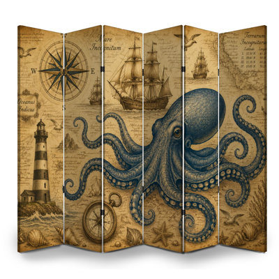 6 Panels Folding Screen Room Divider Royal Vintage Nautical Octopus Lighthouse Compass Canvas Screen Room Separator Freestanding Protective Wall Divider Privacy Partition for Bathroom