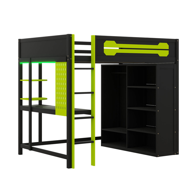 Lit mezzanine de jeu double avec bureau et garde-robe ouvert, structure en bois avec zones de rangement et éclairage intégré
