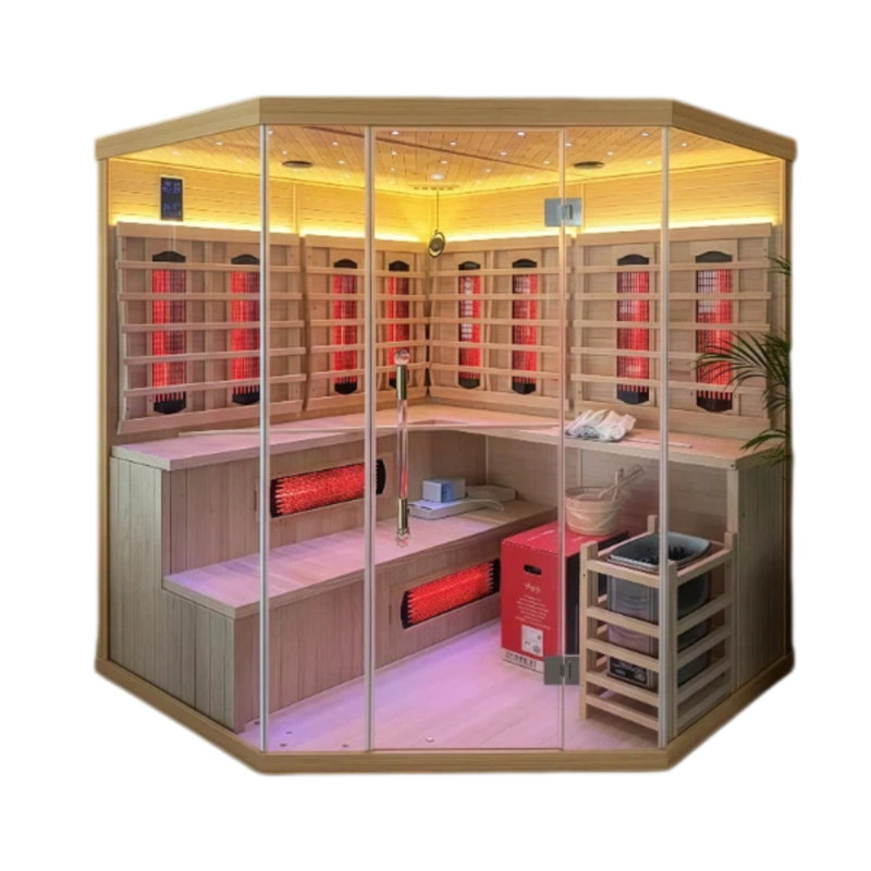 Infrared & Steam Dual-System Sauna, Hybrid Indoor Hemlock Sauna for 3-4 People, 6KW Heater, WiFi Control, Built-in Sound System, Oxygen Bar, 7-Color Light, Light Strip, Water Bucket, Ladle, 220V