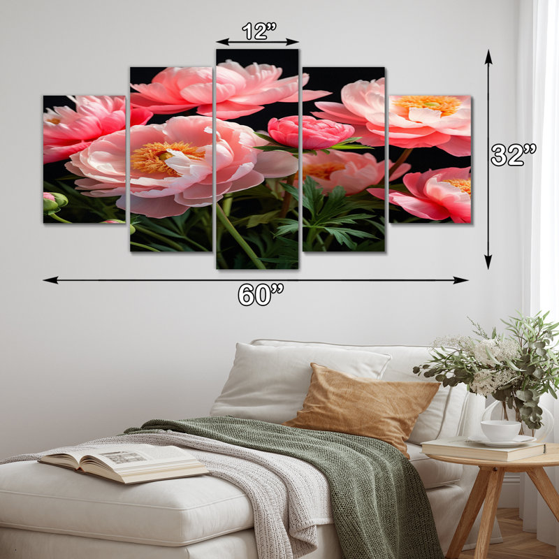 Bouquet de pivoines roses et noires - Art mural sur toile floral - 5 panneaux