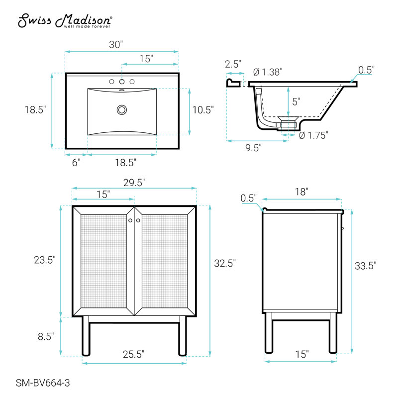 Meuble-lavabo autoportant en chêne doré classe 30 po avec comptoir à 3 trous Class, White, 8 po