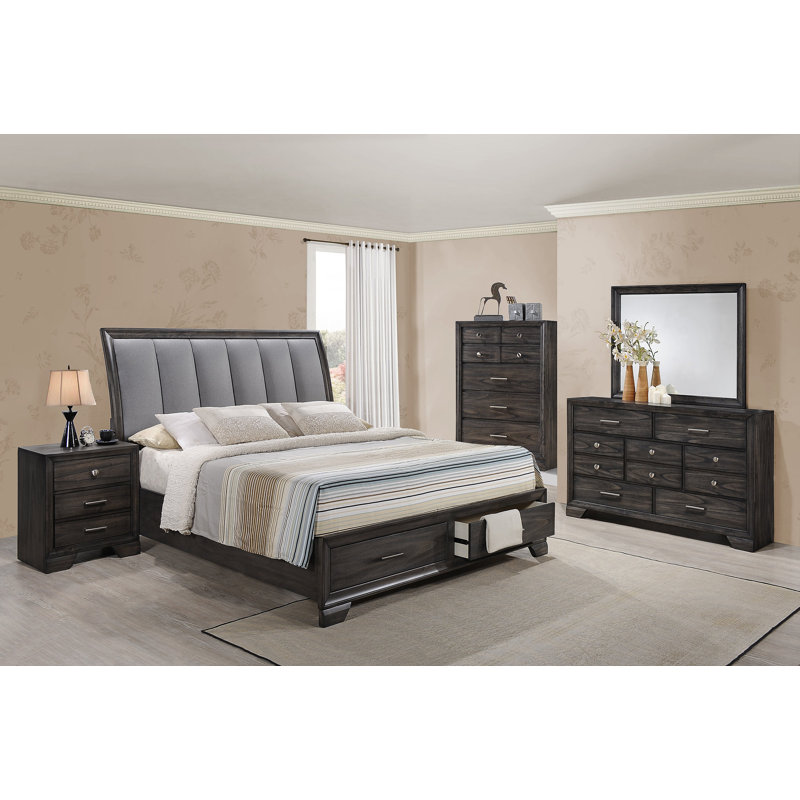 Ensemble de chambre à coucher avec lit plateforme gris et très grand lit 3 pièces: lit, 2 tables de chevet
