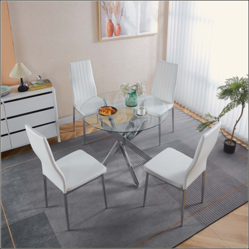 Ensemble de salle à manger 1 + 4,5 pièces, table de salle à manger Mid-Century pour 4 à 6 personnes avec plateau en verre, table de salle à manger à piédestal, table basse de loisirs.