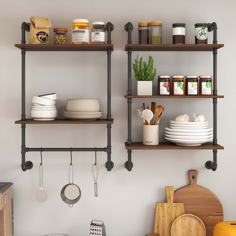 Industrial Pipe Shelf 3 Tier and 2 Tier Wall Mounted Shelves 36in Wood Display Shelves, and 3 additional hooks,Farmhouse Kitchen Bar Shelf, DIY Bookshelf Unit Hanging Wall Shelves for Bedroom