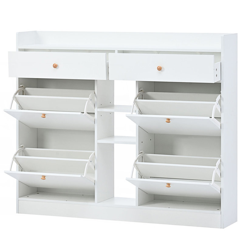 Modern Shoe Cabinet With 4 Flip Drawers, Multifunctional 2-Tier Shoe Storage Organizer With Drawers, White