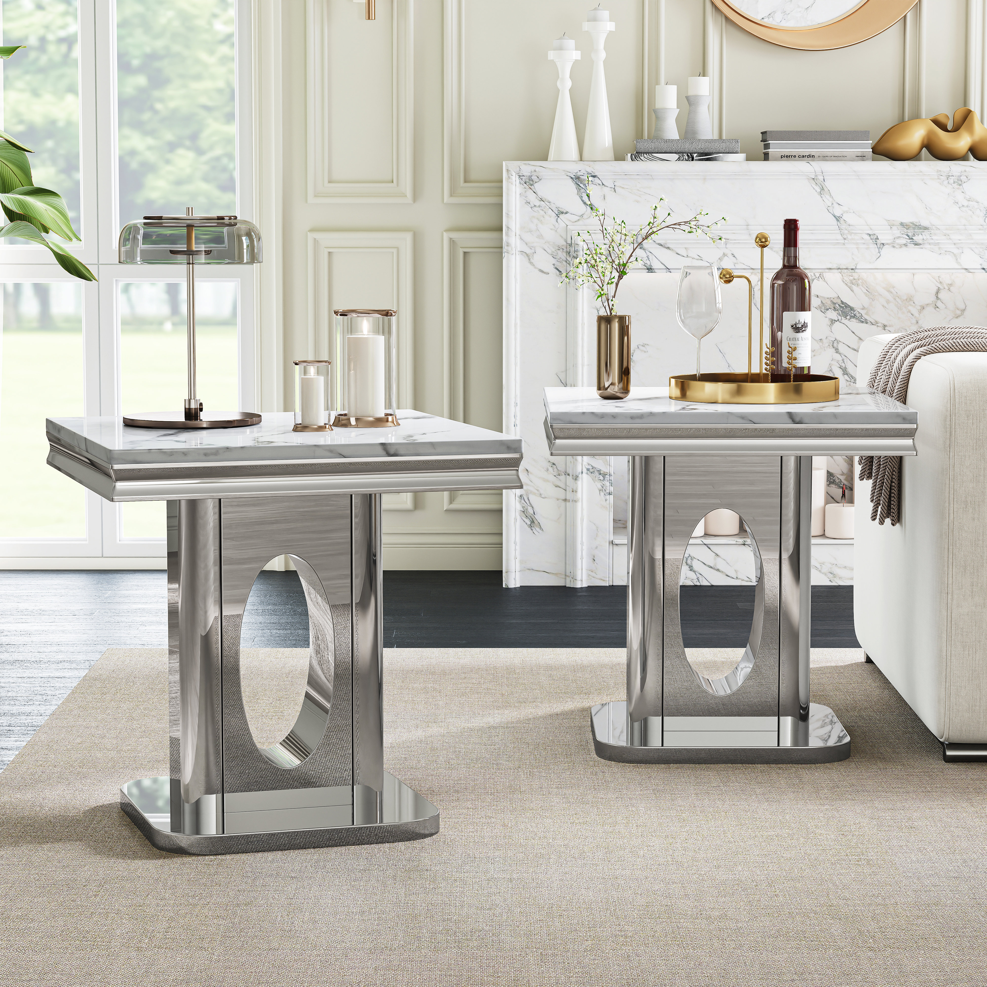 Everly Quinn Square Marble End Table Set Of 2, 22.83" Faux Marble Top ...