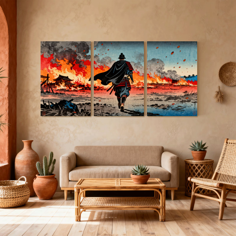 «Samurai Walking Away From Burning Village», ensemble de 3 reproductions d'art sur toile, H 18 po x l 36 po