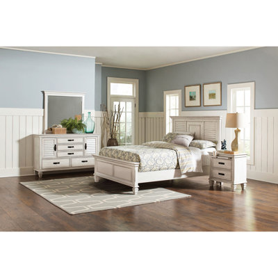 Ensemble de chambre blanc vieilli 4 pièces comprenant lit, table de chevet, commode et miroir pour lit King Size (taille standard), en bois, hauteur 145 cm, largeur 213 cm, longueur 225 cm, finition blanche vieillie.