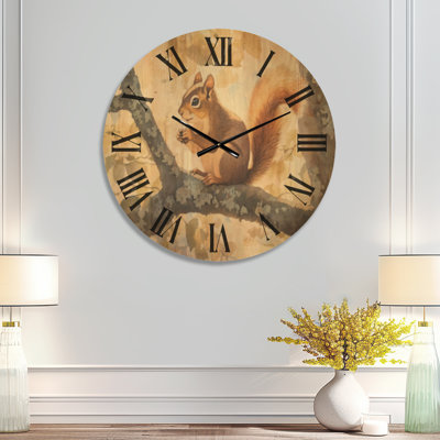 Oversized Wildlife Wall Clock – Squirrel Tree Shadows, Printed on Wood