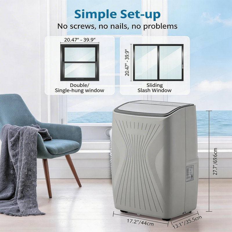 Climatiseur portatif 5-en-1 de 14 000 BTU avec télécommande, refroidissement, ventilateur, déshumidification, modes veille et automatique, affichage DEL, jusqu'à 650 pieds carrés
