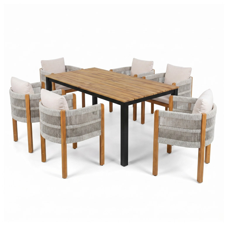 Ensemble repas d'extérieur 7 pièces avec table en bois d'acacia et 6 chaises à dossier en corde, coussins beiges, Beige