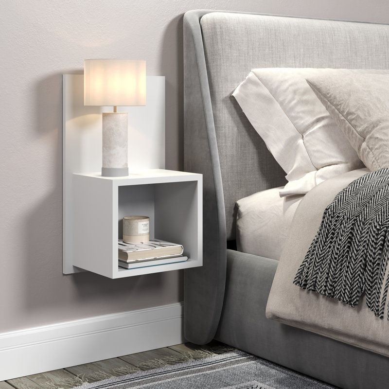 Tamiah Set of 2 Floating Wall-Mounted Open Bedside Tables, Compact, White