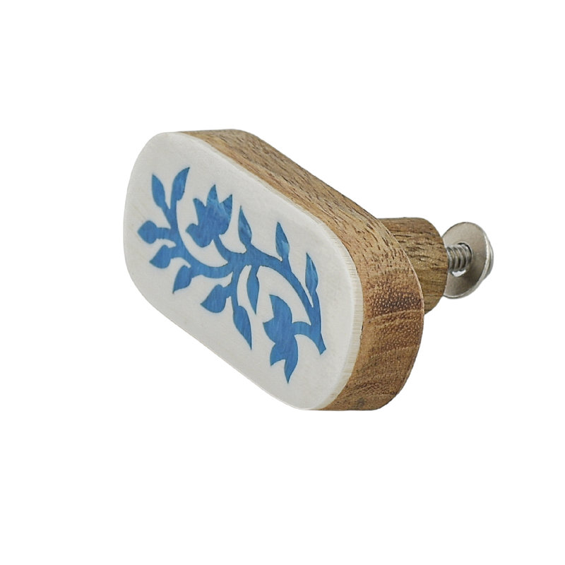 Blue Floral Resin Inlay Cabinet Knob on Wood - Set of 6