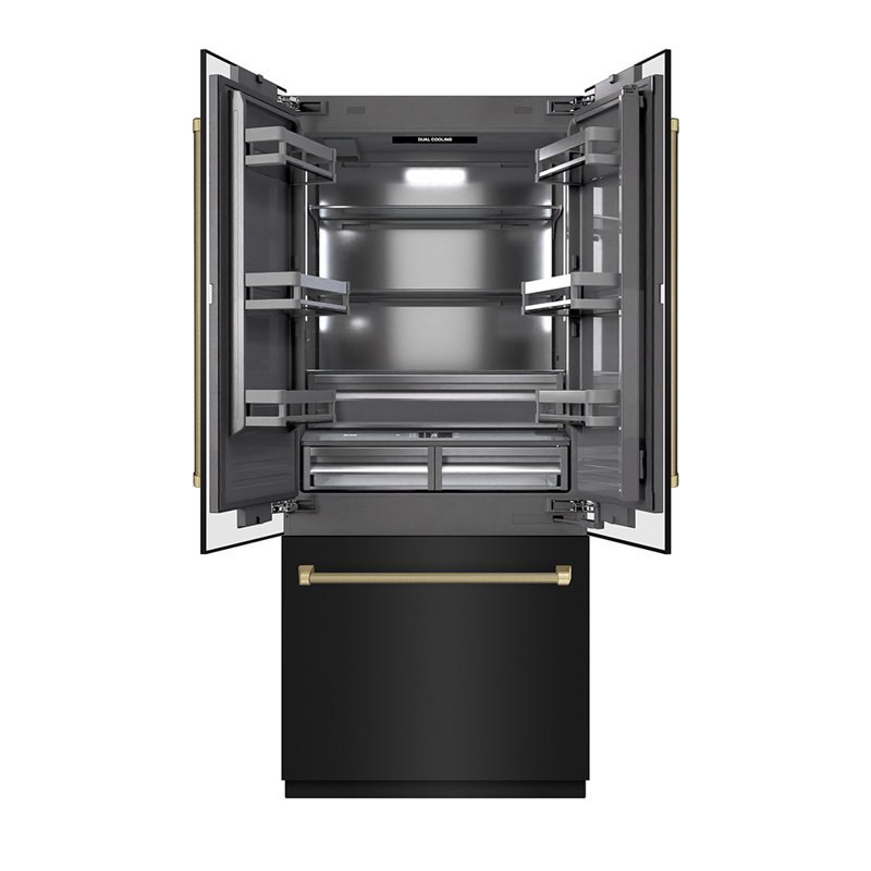 ZLINE Autograph 36 in. Black Steel French Door Refrigerator w/ Gray Interior & Bronze Helix Handles, Champagne Bronze