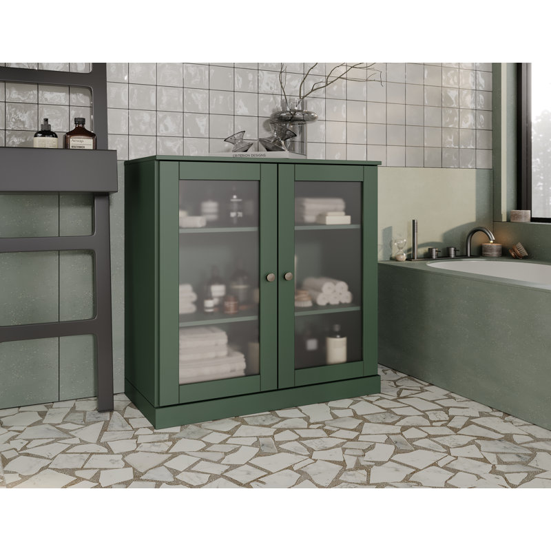 Armoire de salle de bain 100% bois massif 32 po avec portes en verre givré et tablettes réglables, Vert