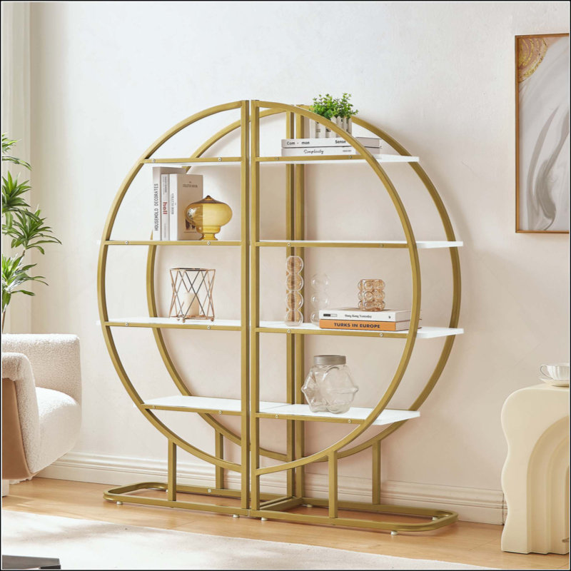 Bibliothèque ouverte 4 étages pour bureau à domicile, forme ronde, différentes façons de placement, panneau de fibres à densité moyenne, structure en métal