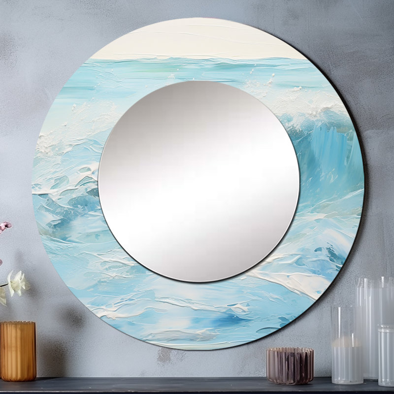 Blue And White Simplicity Beach - Waves Decorative Mirror, Coastal Round Wall Mirror, Printed Metal Art, 36" x 36"