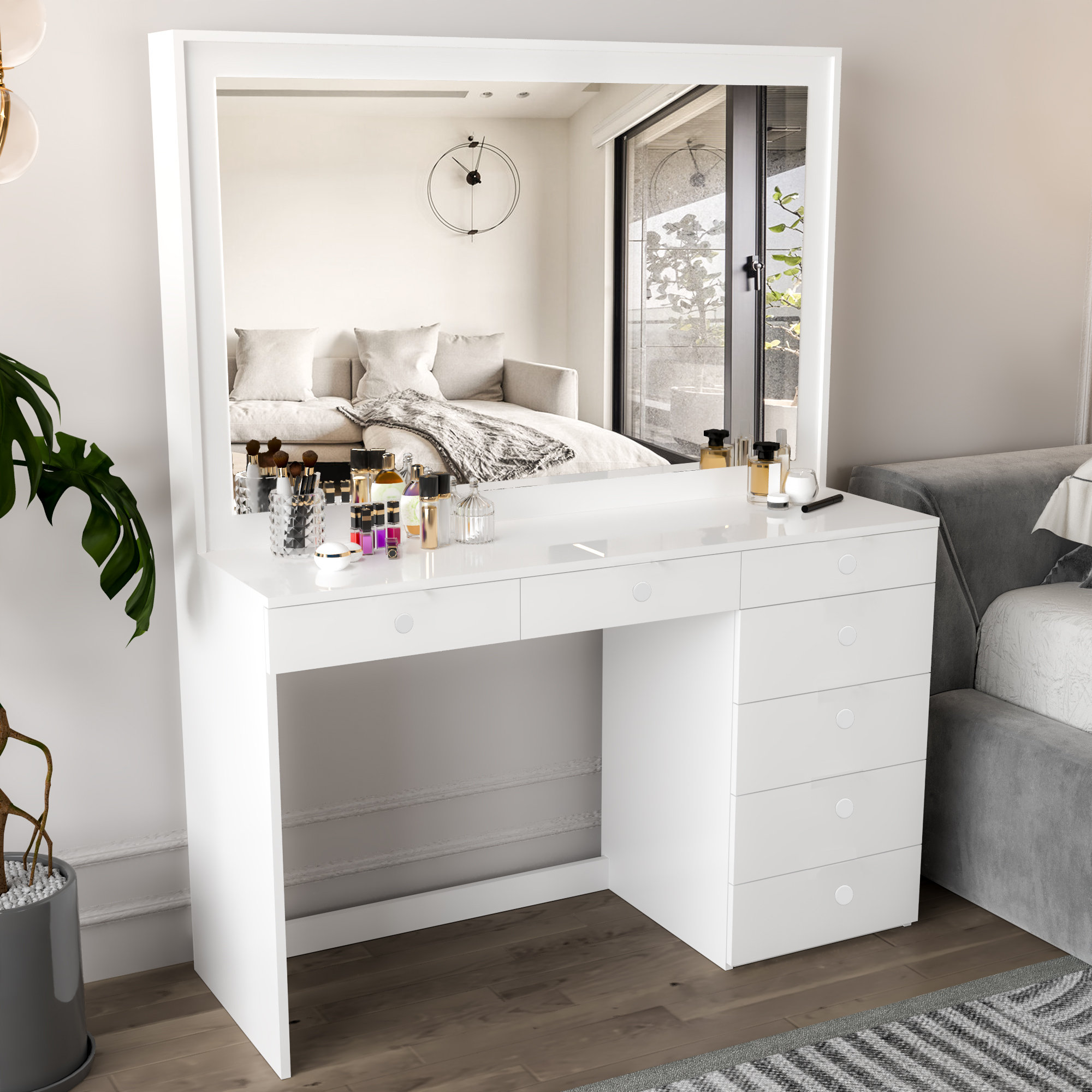 46.7 Makeup Vanity Table with Mirror, Vanity Desk with 5 Drawer, Bedroom Dressing Table, White Latitude Run