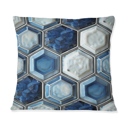 Imprimé hexagonal bleu et blanc - coussin décoratif moderne