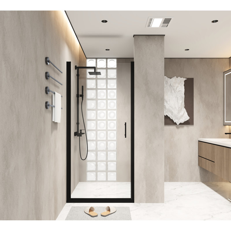 6mm Thick Tempered Glass Pivot Shower Door With Black Aluminum Frame, Proof Film, Aesthetic Stainless Steel Handle, Swing For Bathroom 28"x72" Matte Frame Door, Upgrades