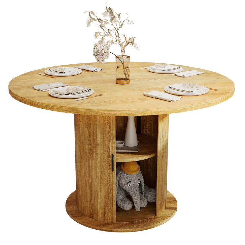 47" Storage Round Dining Table, Light Oak