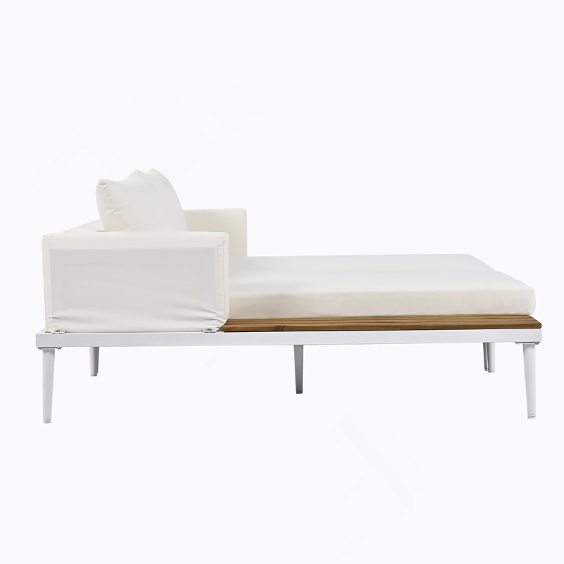 Outdoor Daybed Patio Metal Daybed With Wood Topped Side Spaces  For Drinks, Chaise Lounges, Beige Cushion/White Frame