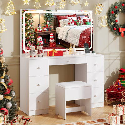 46-inch Salon Vanity Desk with Large LED Mirror, Professional Makeup Dressing Table with 7 Drawers, Charging Station & Adjustable Lights, White