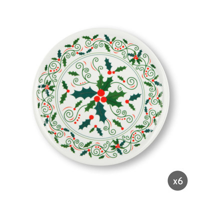 Set Of 6 Holly Christmas Dessert Plate