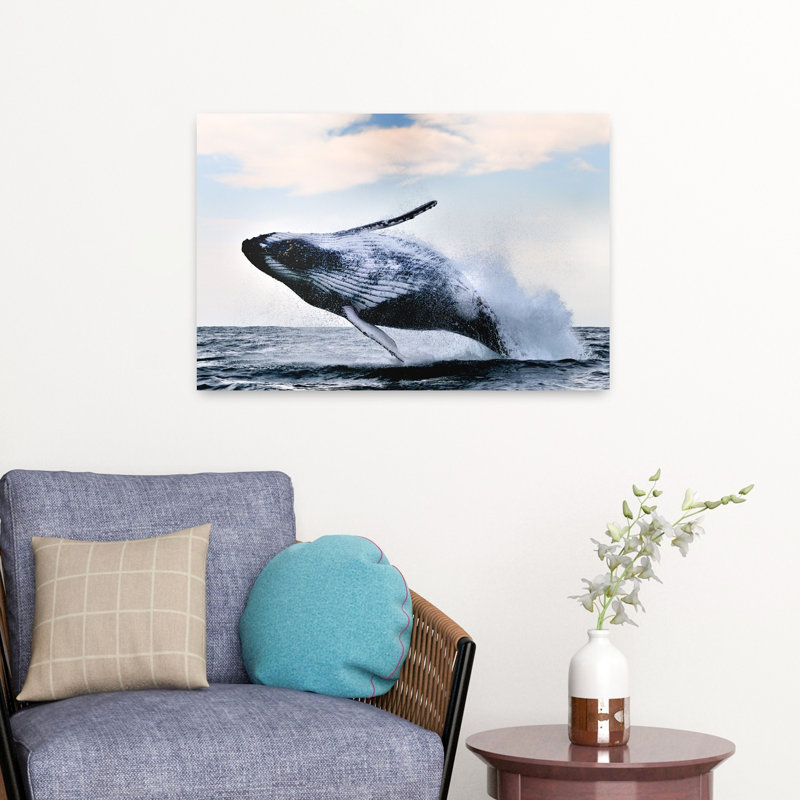 Giant Humpback Breaching Dramatic Abstract Contemporary Whale Nature Ocean Wall Art, 16" H x 24" W