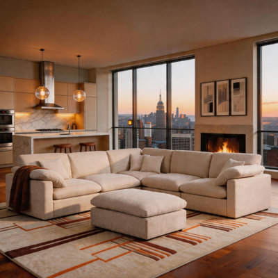 Oversized L-Shaped Corner Sectional Sofa, Chenille Cloud Modular Sofa, Upholstered Sectional With Ottomans Living Room Sets
