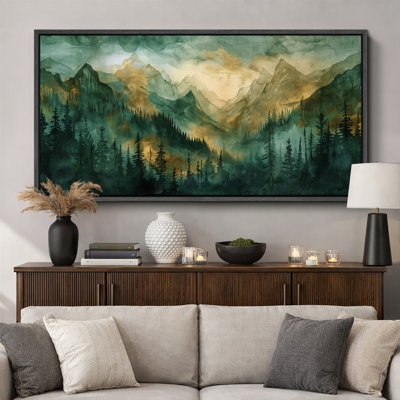 Woodland Forest Landscape Watercolor Green Mountain Forest Sunrise Landscape Modern Extra Large Canvas Print Wall Art