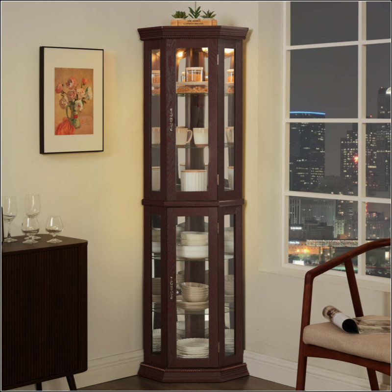 Lighted Corner Curio Cabinet - Glass Display Shelf With Tempered Glass Doors, Adjustable Shelving, And Included Bead Bulb - Ideal Bar Cabinet For Home Decor