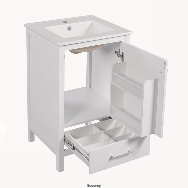 Meuble-lavabo moderne de 50 cm (20 pouces) avec lavabo en céramique, tiroir et porte à fermeture amortie, organisateur de porte à double compartiment et pieds réglables.