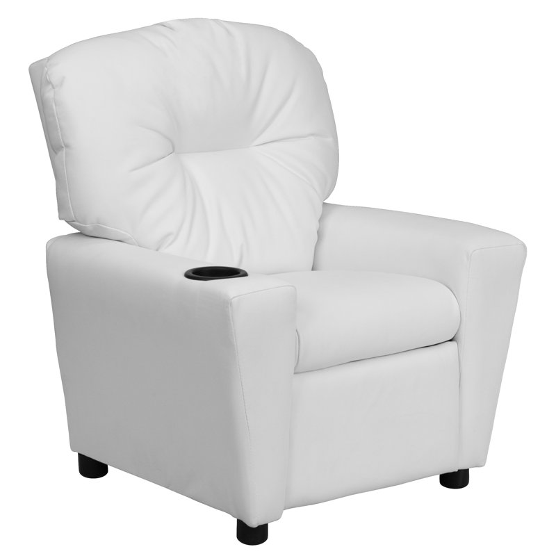Contemporary Kids Recliner with Cup Holder, Microfiber - White
