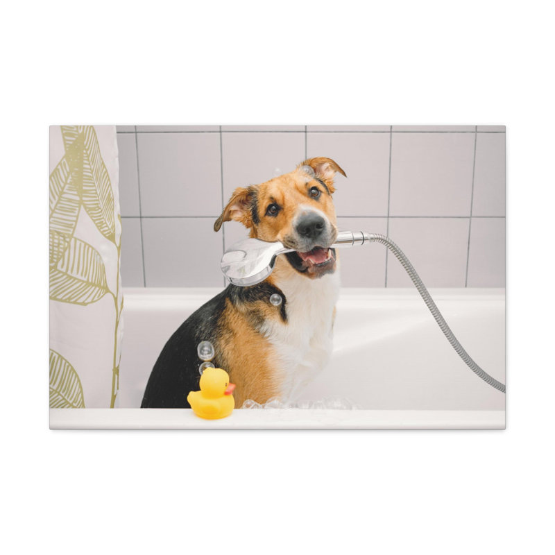 Cute Mongrel Bath Canvas Wall Art, 24" H x 30" W