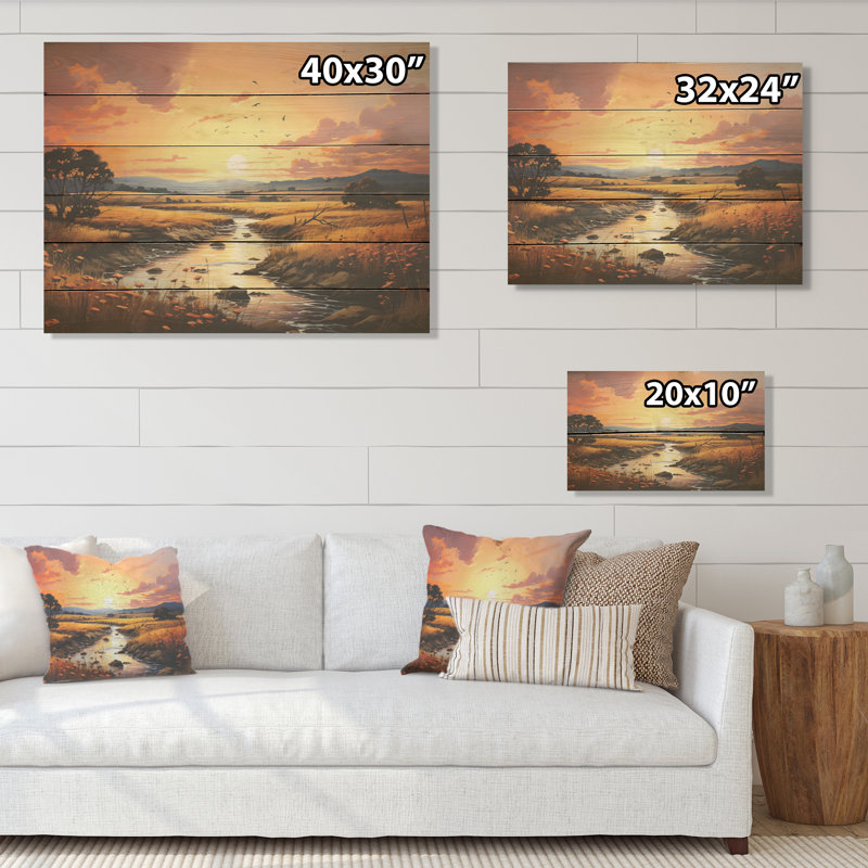 Paysage de prairies, fusion au coucher du soleil - prairies, art sur bois de pin naturel, H 24 po x l 32 po