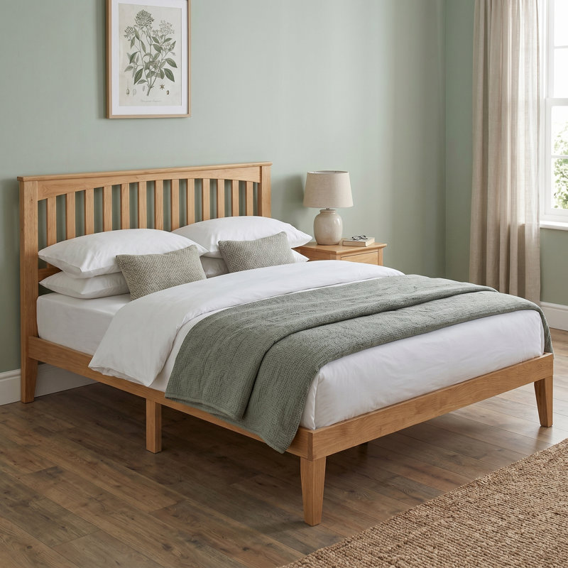 Moriel Queen Size Transitional Modern Solid Wood Platform Bed Frame, MOB-41-Q, with Shaker Headboard, Honey Oak, No Box Spring Needed
